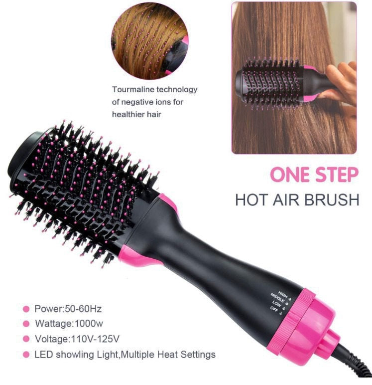 Hot air brush with pink accents on a white background, featuring text about its features.