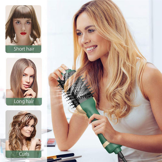 Woman using a hair styling tool with images of different hairstyles on the side.