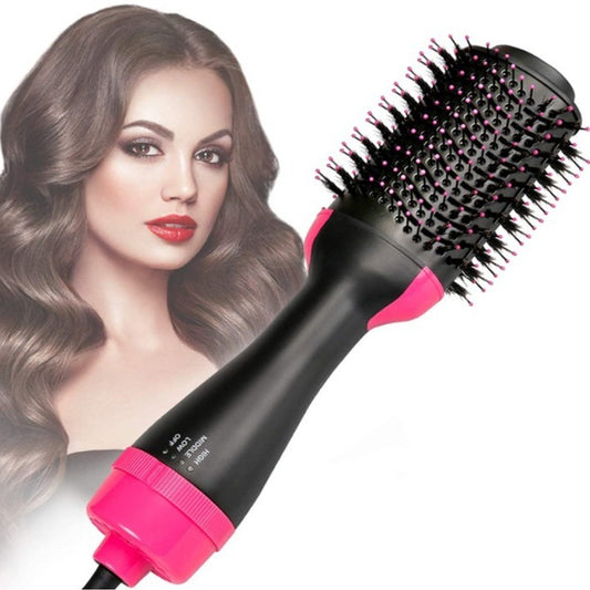 Hair styling tool with pink and black design next to a woman with styled hair